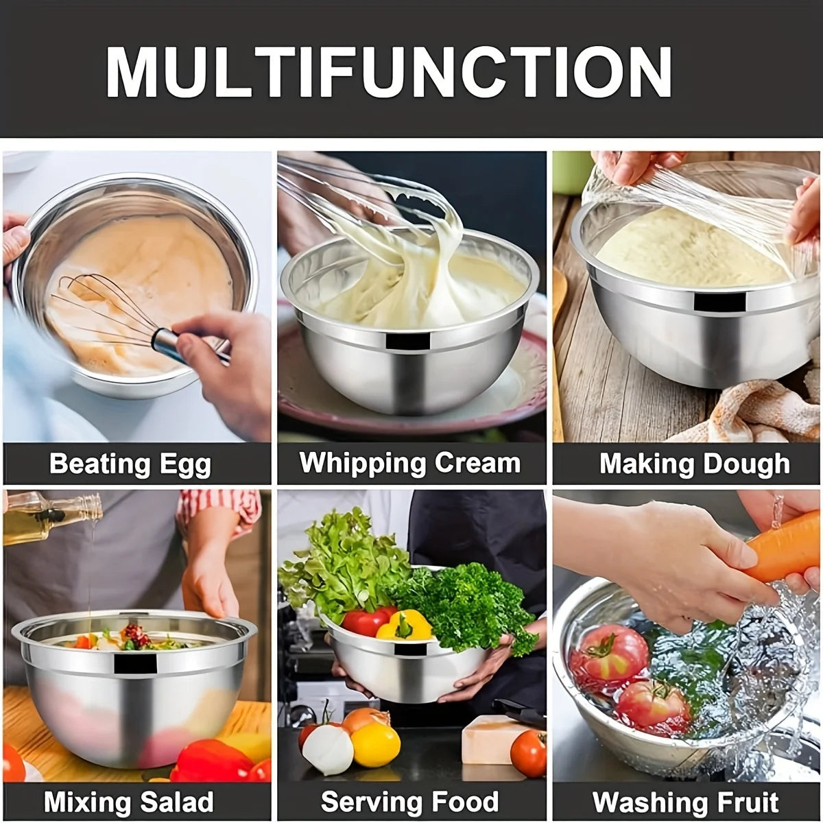 8pc Stainless Steel Mixing Bowls Set Airtight Lids Black
