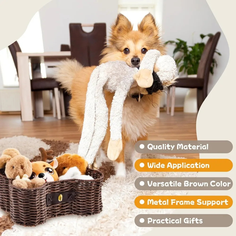 2 Set Large Small Dog Toy Basket Lid Bone Shaped Wicker