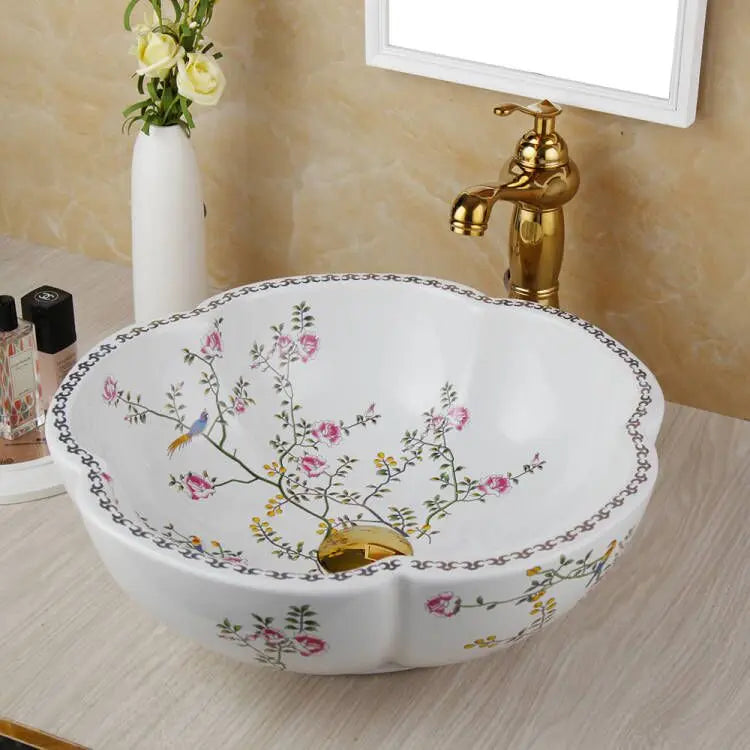 ZAPPO Ceramic Sink Above Counter Round Petal Pattern Faucet