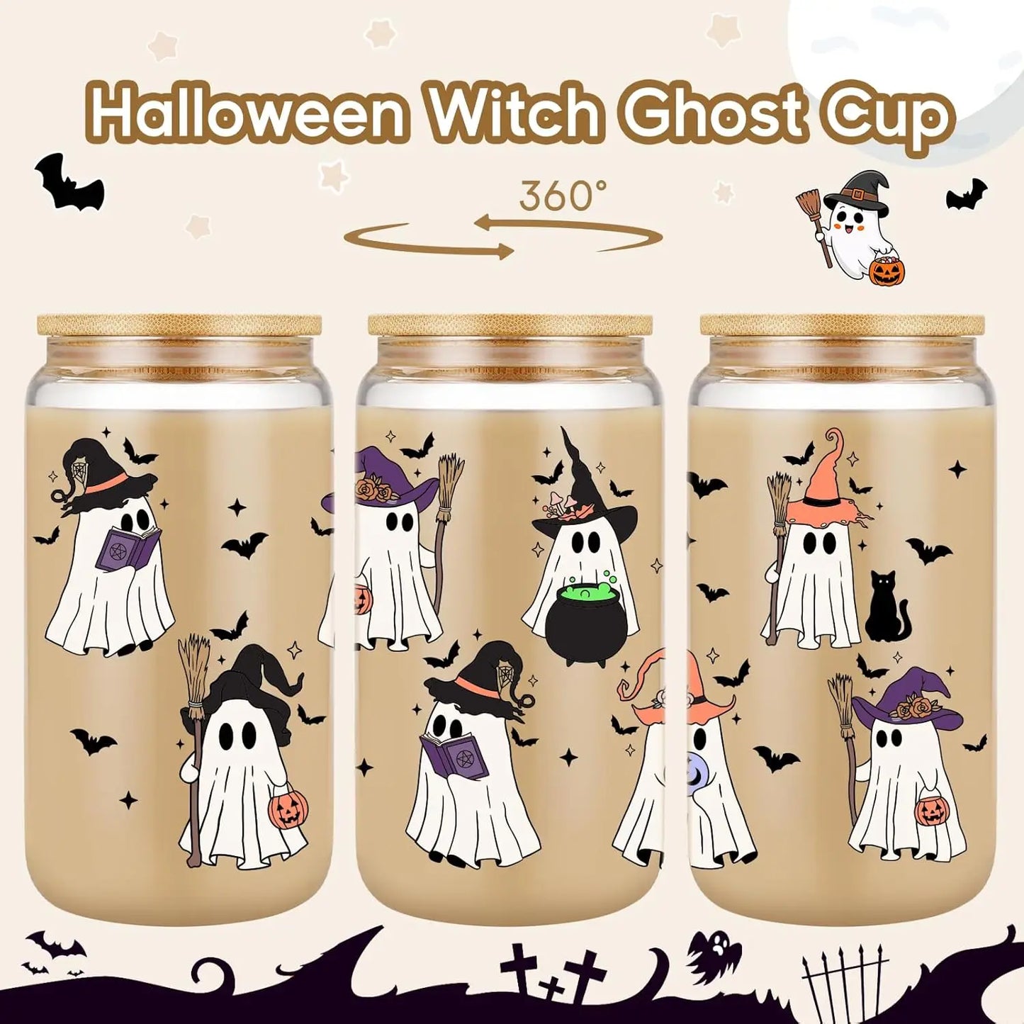 Witch Ghost Halloween Cup 16 Oz Glass Tumbler With Lids