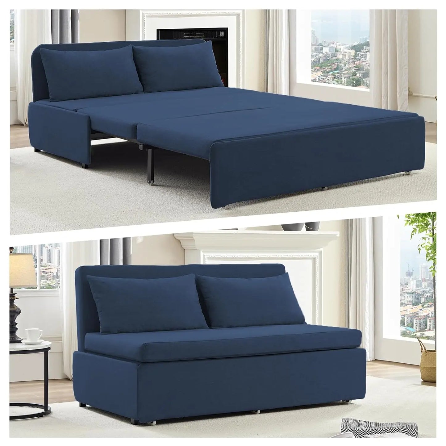 Queen Size Pull Out Sofa Bed Linen Convertible Couch With 2 Pillows For Guests