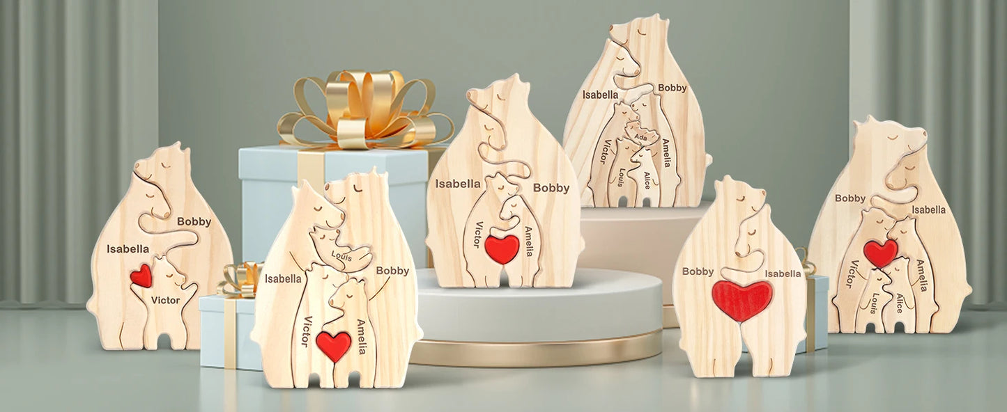 Personalized Custom Bear Family Wooden Puzzle DIY Free Engraving Name Sculpture Home Desk Decor Figurines Christmas Birthday Gift