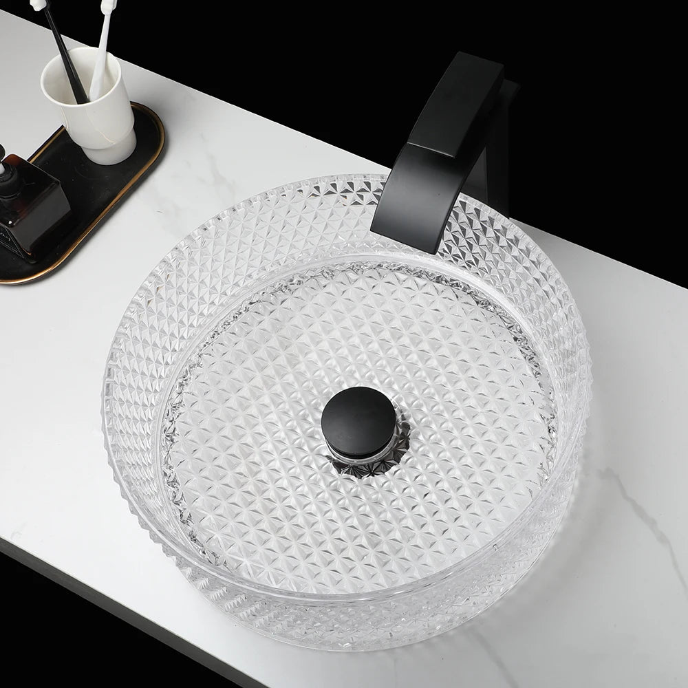 ZAPPO Black Glass Vessel Sink With Deck Mount Faucet