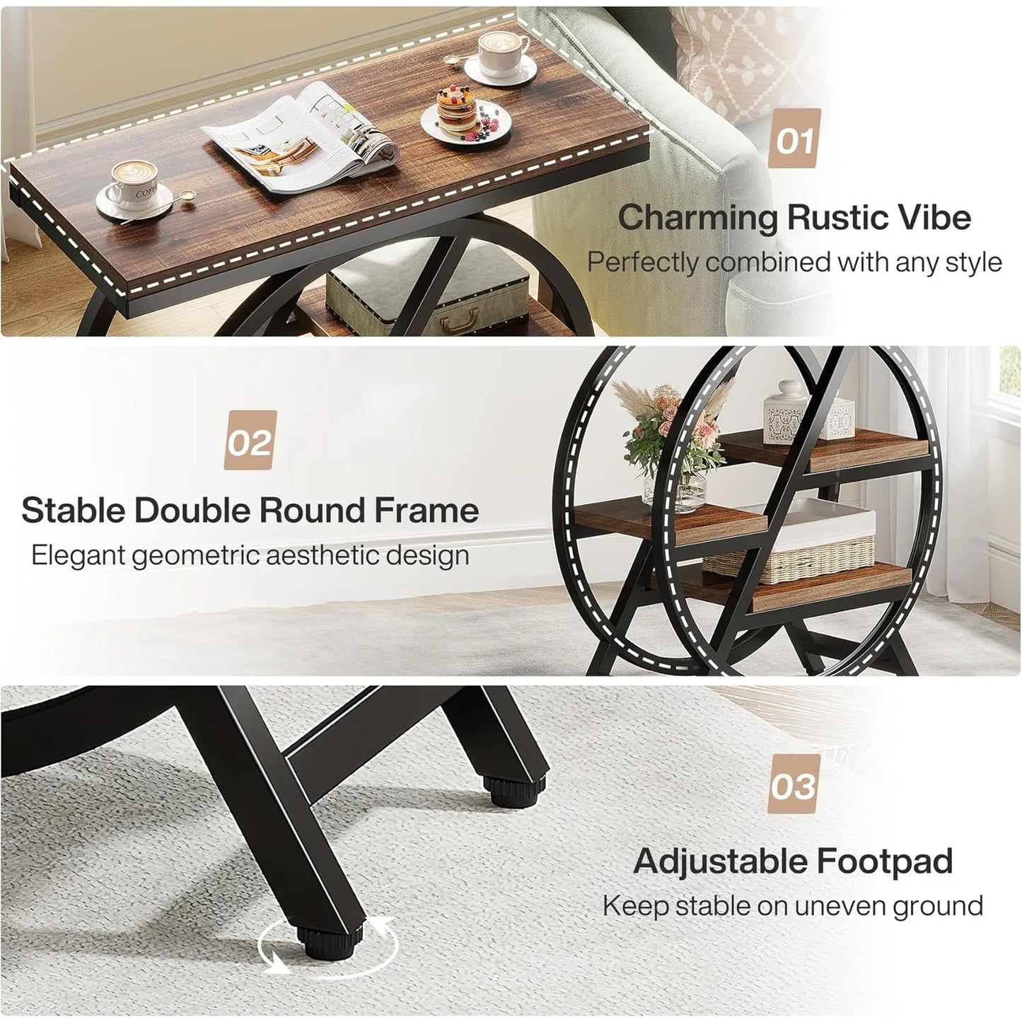 3 Tier Narrow Side Table With Storage Geometric Metal Frame