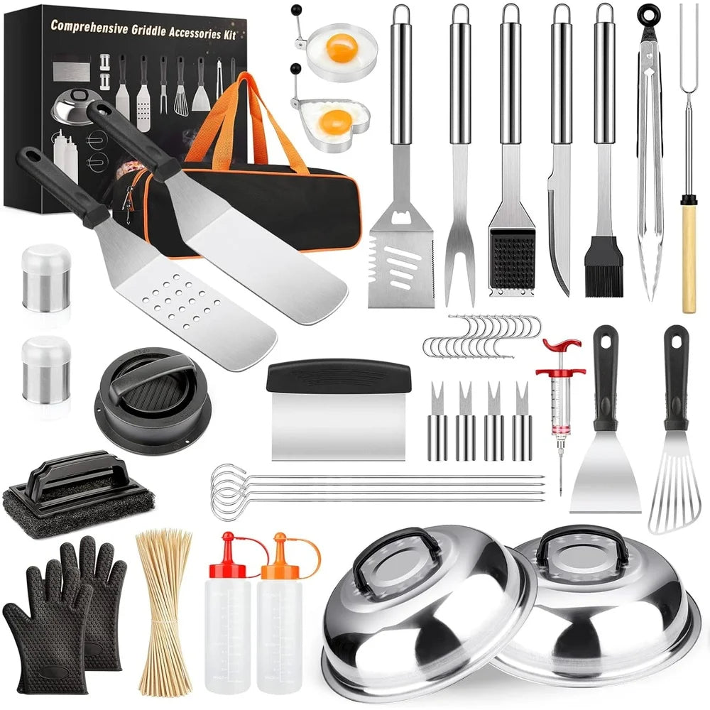 144 Pcs Griddle Accessories Kit BBQ Tool Set with Spatulas Basting Covers Silicone Gloves Burger Press Skewers for Outdoor Cooking