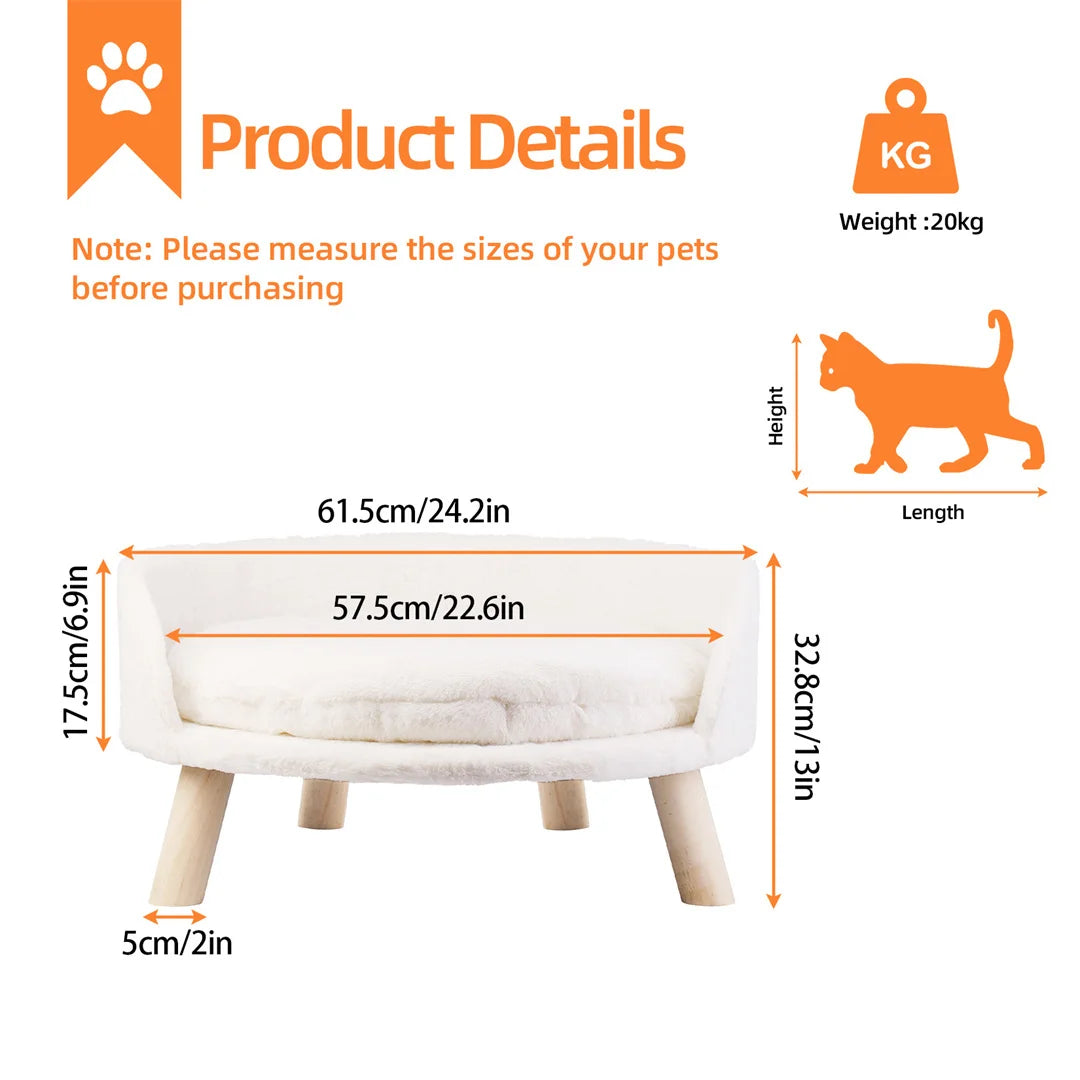 Luxury Cat Bed Soft Warm Plush Fabric Pet Nesting Chair Bed Stool with Washable Waterproof Cushion Pad and Wood Legs for Small Pets