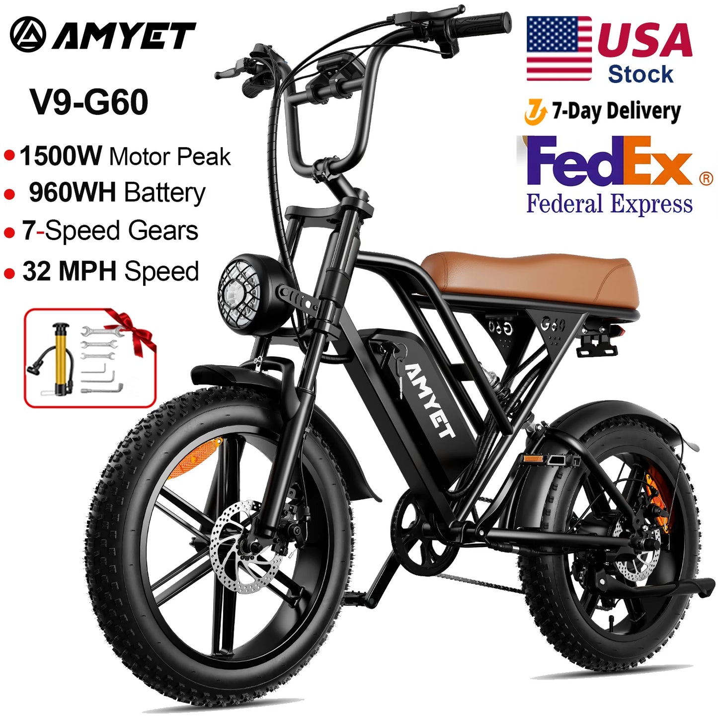 AMYET V9 G60 Adults Electric Bike 1000W Motor 48V 20AH 20 Inch Tire Ebike Mountain Moped for Men