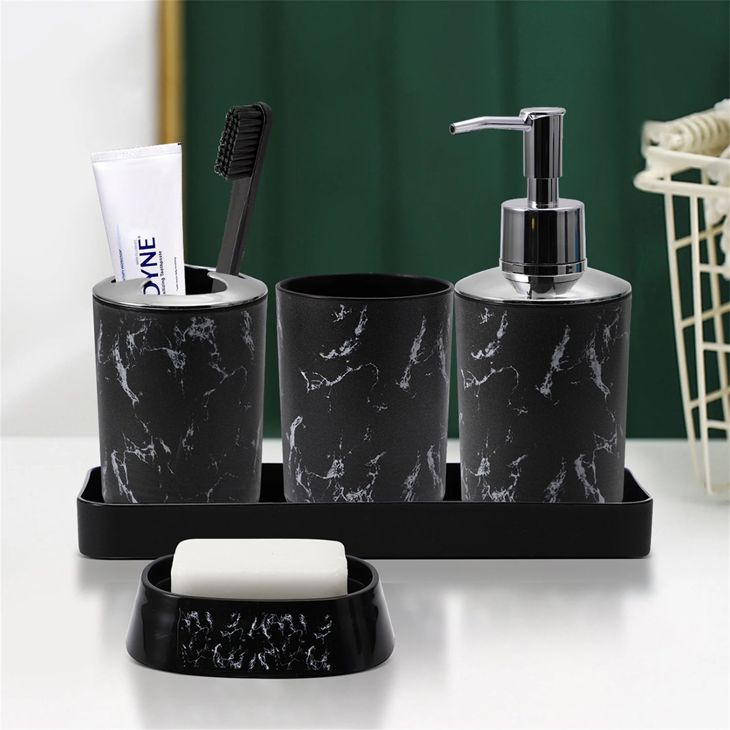 White Black Marble Bathroom Set With Lotion Bottle Soap Dish