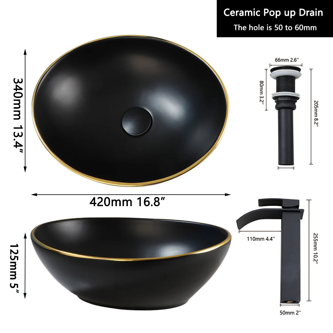 ZAPPO Marbling Rectangle Vessel Sink With Faucet Drain