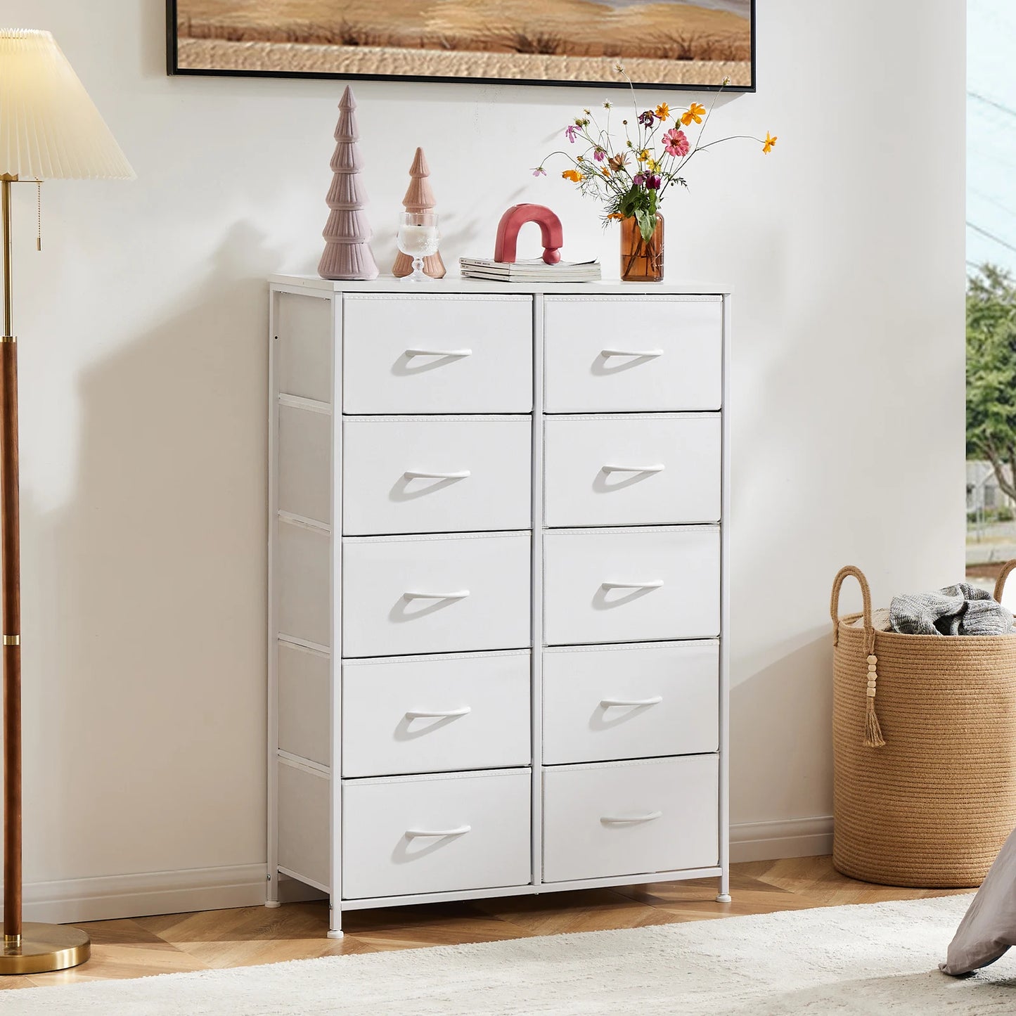 JHK Bedside Table With 10 Fabric Drawers Steel Frame