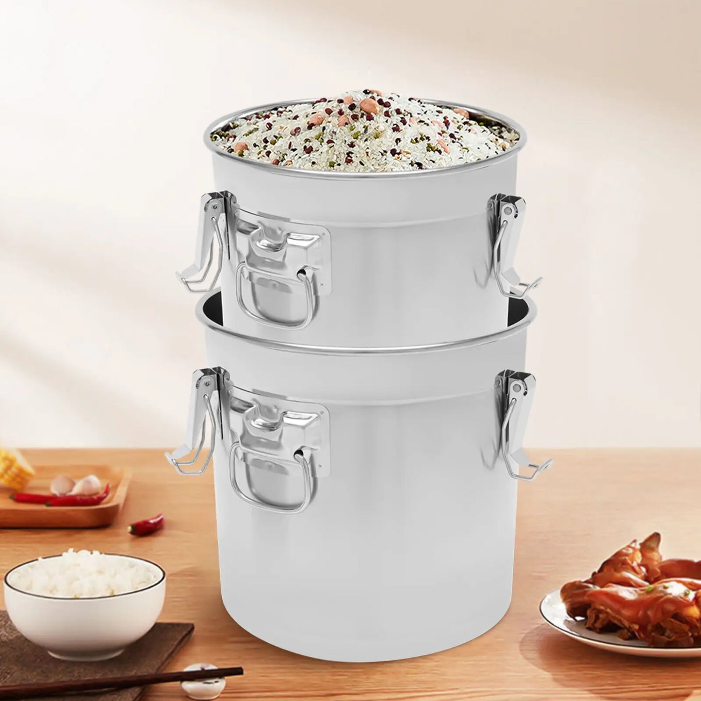 21L 33L Airtight Rice Bucket Canister Food Storage Container 304 Stainless Steel