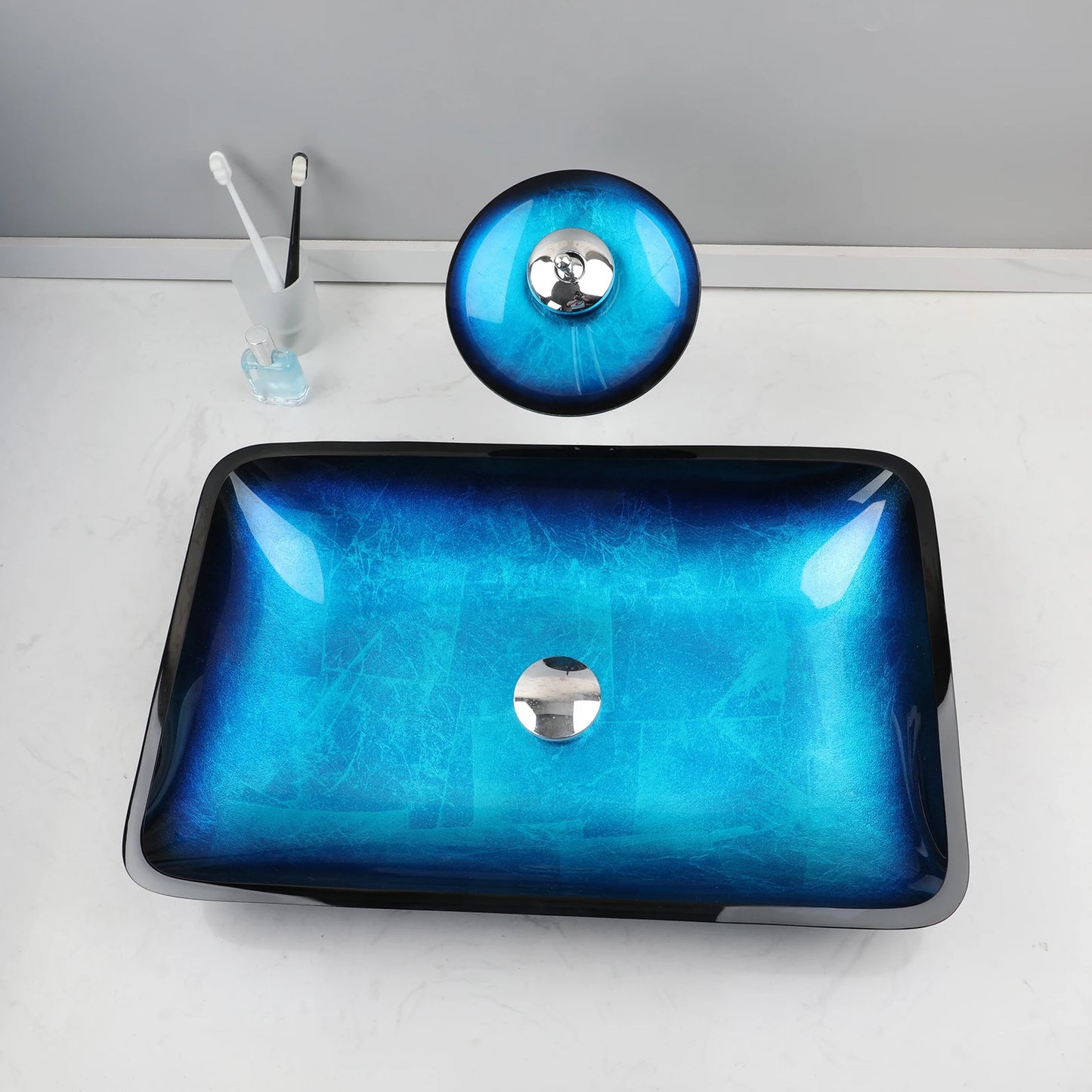 ZAPPO Tempered Glass Vessel Sink With Waterfall Faucet Blue