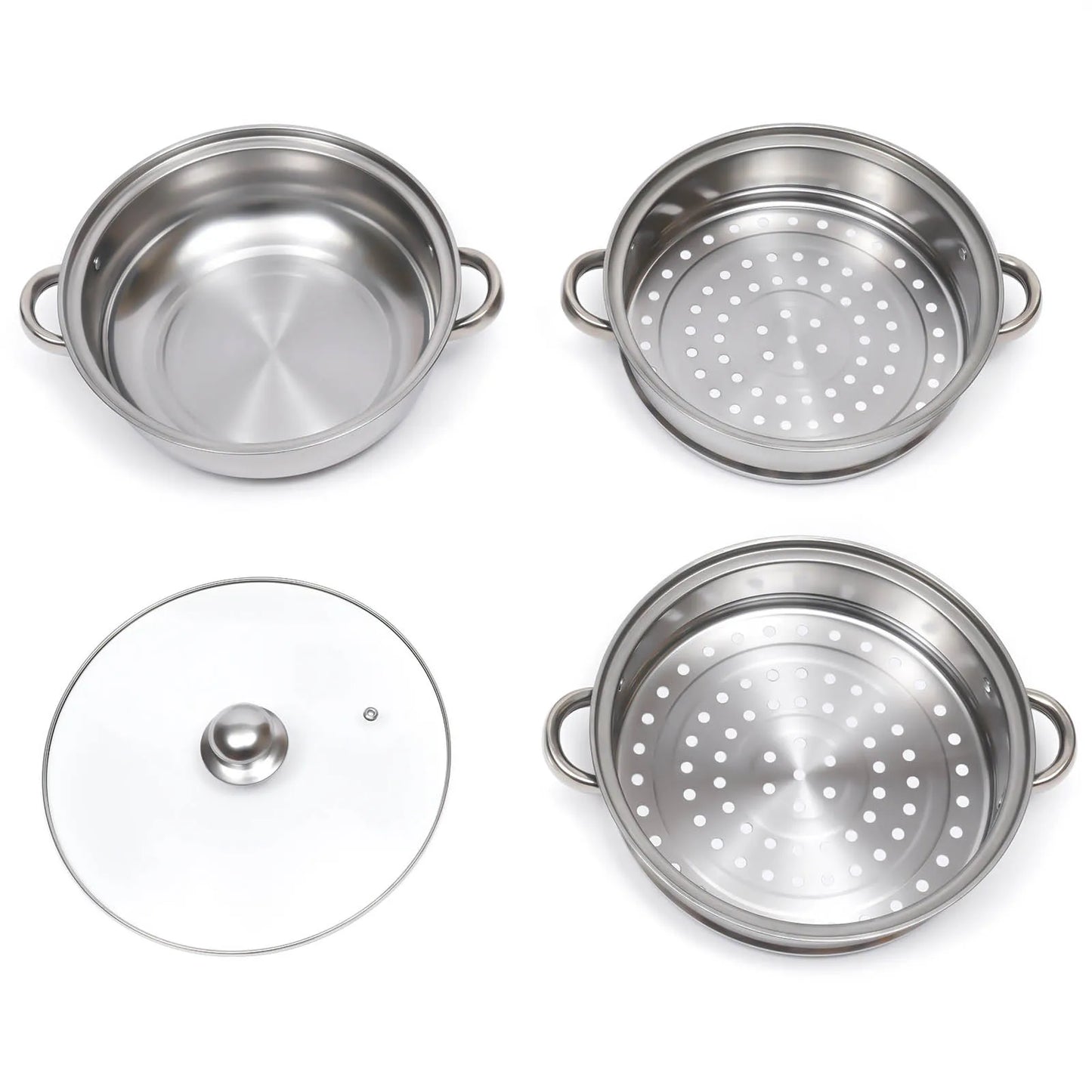 11 Inch 3 Tier Large Stainless Steel Steamer Pot Set with Glass Lid