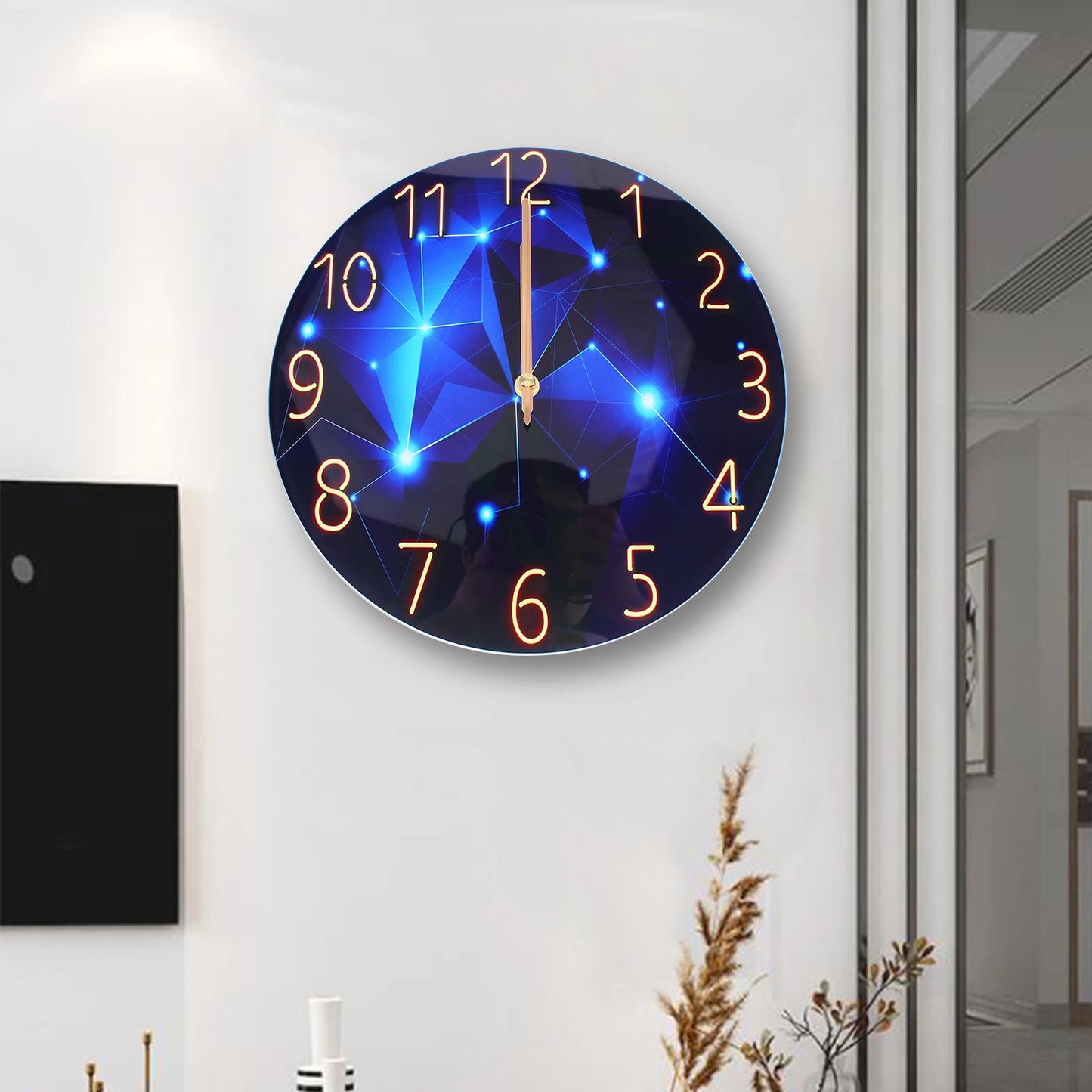 12 Inch Silent Blue Diamond Round Wall Clock Decorative Modern Style Interior Clock