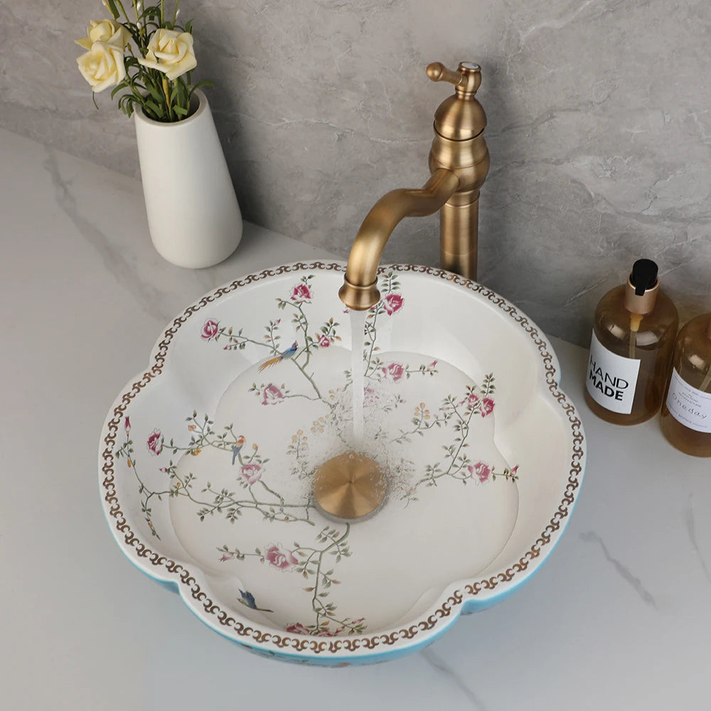 ZAPPO Ceramic Sink Above Counter Round Petal Pattern Faucet
