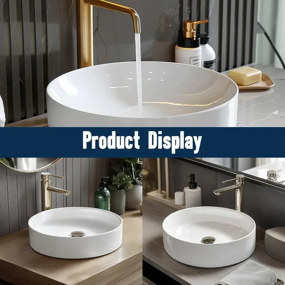 14 Inch White Ceramic Round Countertop Sink Without Faucet