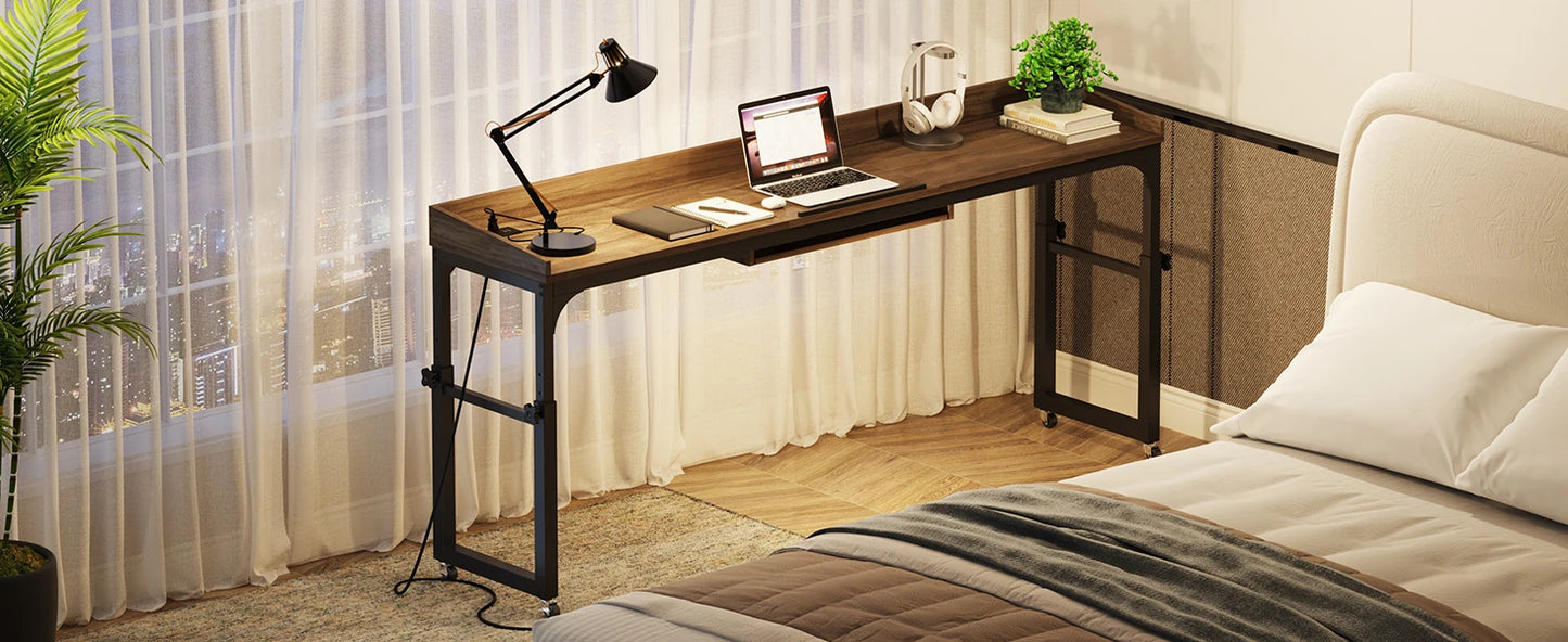 Height Adjustable Overbed Table With Wheels Queen Size Mobile Laptop Cart Desk