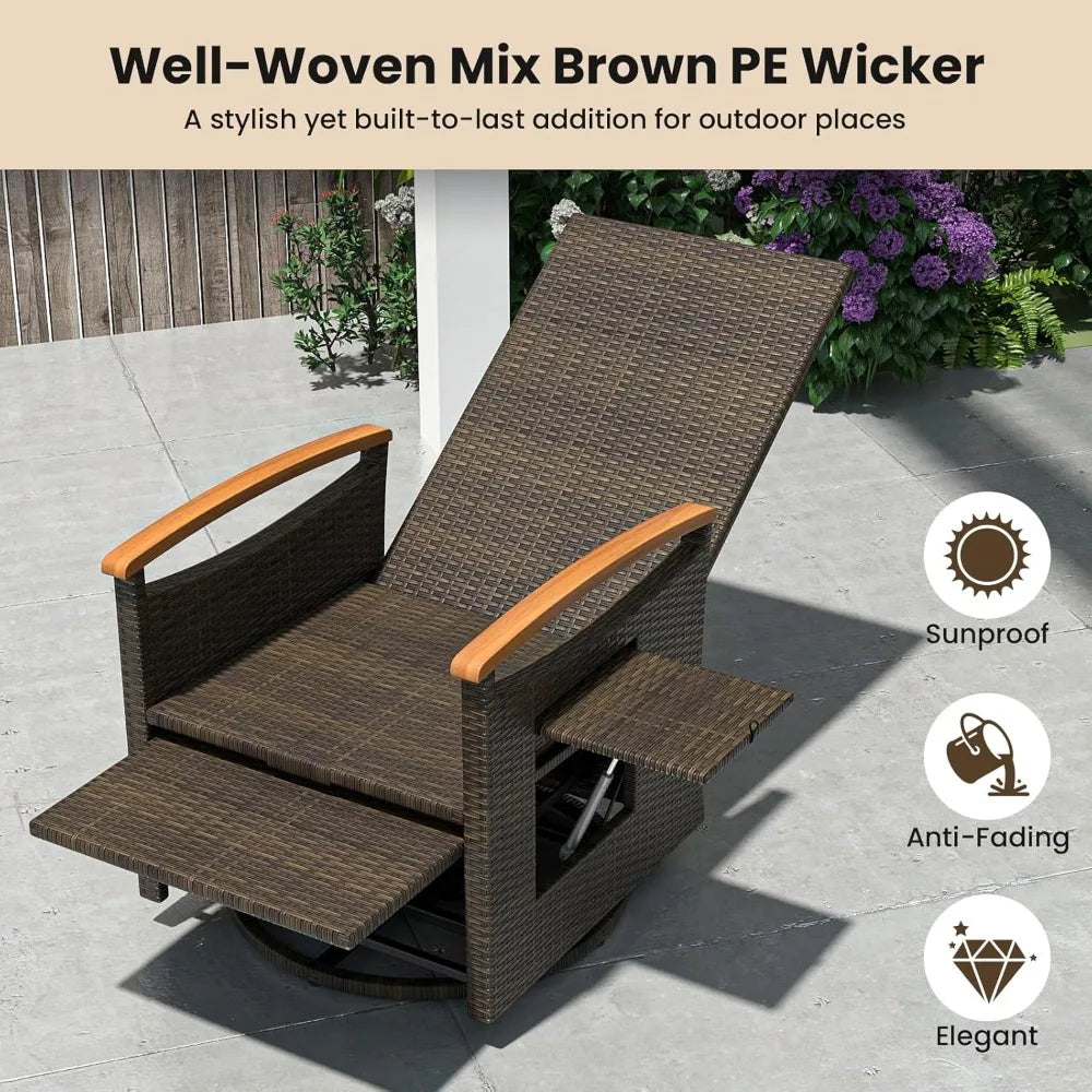 Swivel Recliner Chair Wicker Rattan Armrests Adjustable Back Flip Side Table