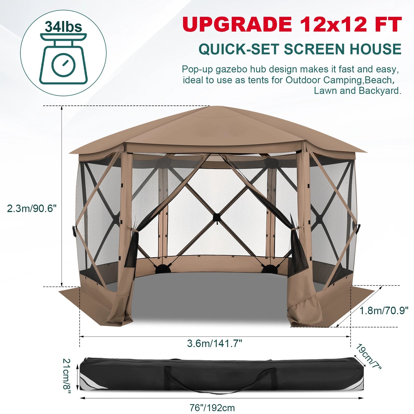 COBIZI Pop Up Gazebo Screen Tent 12x12 Camping Gazebo With Removable Roof Outdoor Screened Gazebo 5 Sidewalls 1800mm 300D Oxford