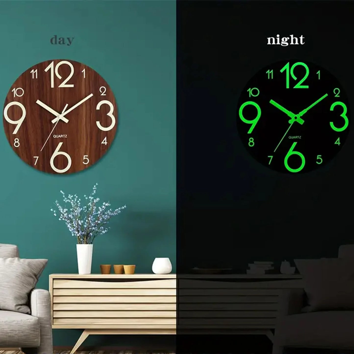 12 Inch Wooden Simple Luminous Wall Clock Silent Non Ticking Analog Clock for Living Room Bedroom and Office Decor