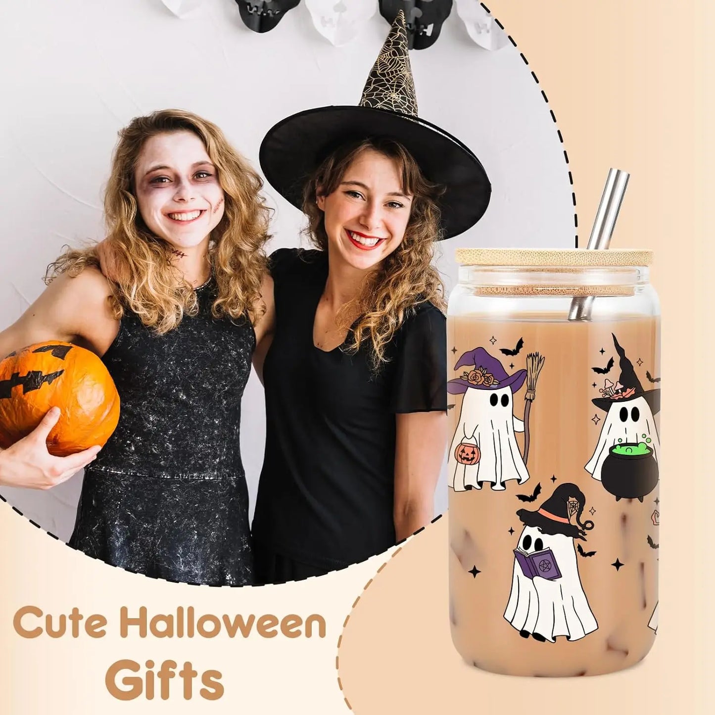 Witch Ghost Halloween Cup 16 Oz Glass Tumbler With Lids