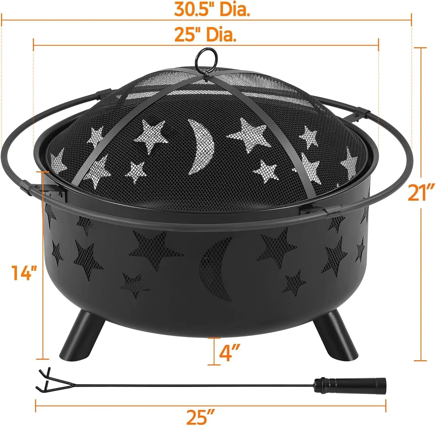 30 Inch Fire Pit Outdoor Wood Burning Spark Screen Poker