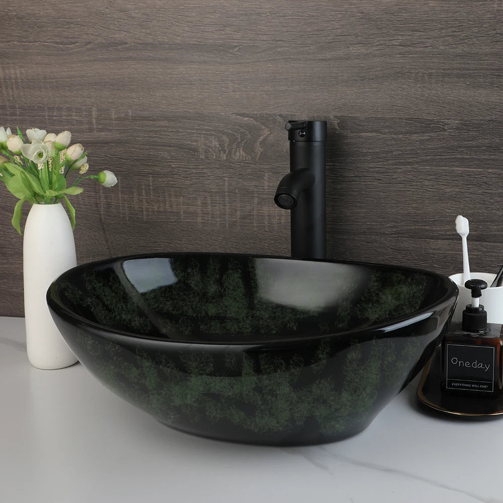ZAPPO Marbling Rectangle Vessel Sink With Faucet Drain