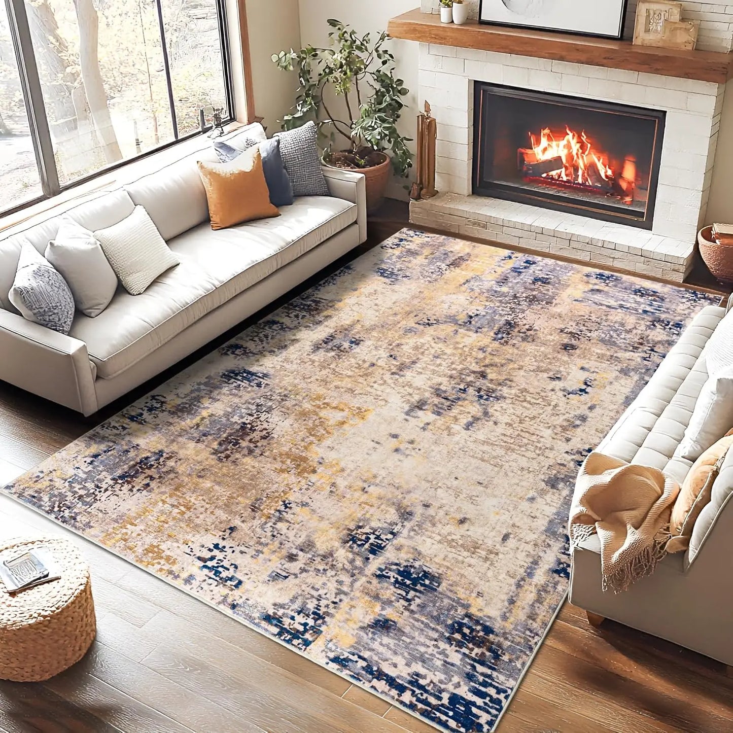 Living Room Area Rugs Soft Large Modern Abstract Boho Vintage Machine Washable Non Slip Carpet Low Pile Rug