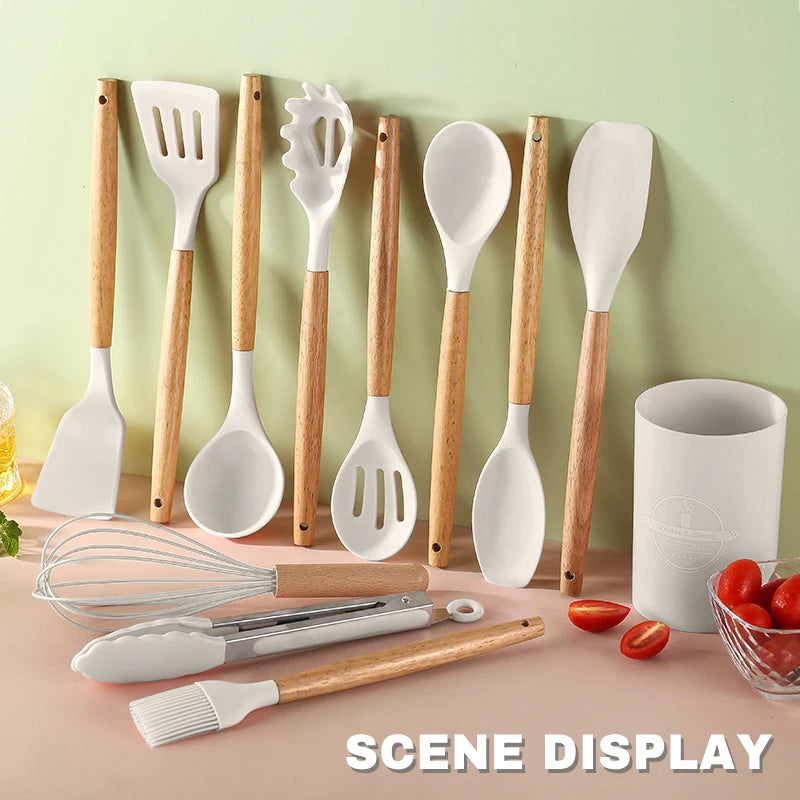 12 Piece Silicone Kitchenware Cooking Utensils Set Non Stick Cookware Spatula Shovel Egg Beaters Baking Set with Storage Bucket