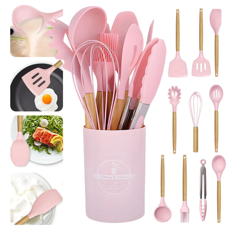 12 Piece Silicone Kitchenware Cooking Utensils Set Non Stick Cookware Spatula Shovel Egg Beaters Baking Set with Storage Bucket