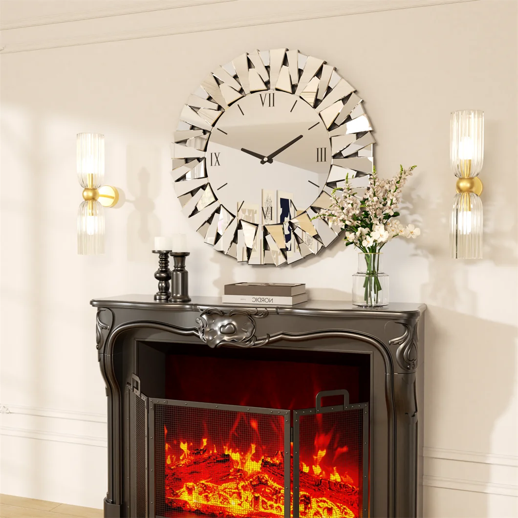 Large Wall Clock 3D Mirrored Sunburst Edge 32 Inch Round Roman Numeral Modern Living Room Dining Room Decor