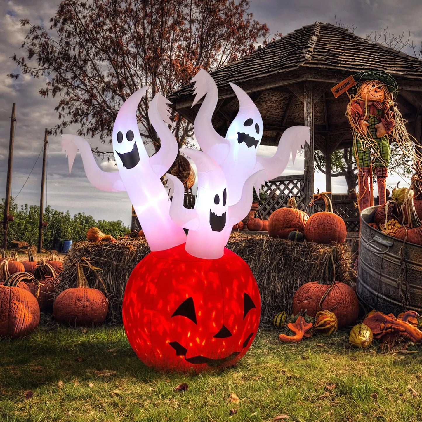 5.9FT Halloween Inflatable Pumpkin Ghost Yard Decor with Lights - Spooky Blow-Up Outdoor Decorations for holiday Parties