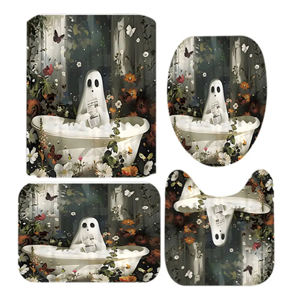 Cute Cartoon Ghost Shower Curtain Set Halloween Bath Decor