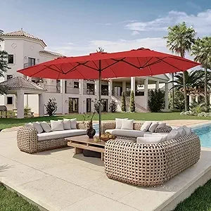 15Ft Double Sided Patio Umbrella With Base Included Large Outdoor Market Umbrella With Crank Handle UV Resistant Canopy Sturdy Alloy Steel Rectangular Aqua Blue