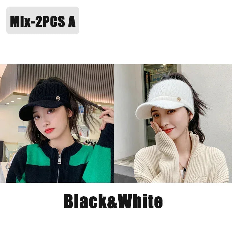 Women Winter Knitted Hat With Earflaps Ponytail Hole Windproof Visor Cap Outdoor