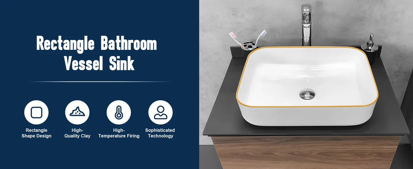 Ceramic Rectangular Sink 20x16 White Gold Rim Vessel
