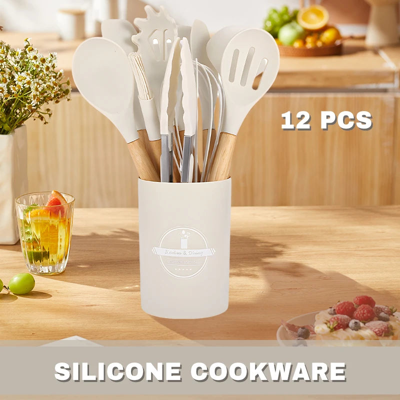 12 Piece Silicone Kitchenware Cooking Utensils Set Non Stick Cookware Spatula Shovel Egg Beaters Baking Set with Storage Bucket