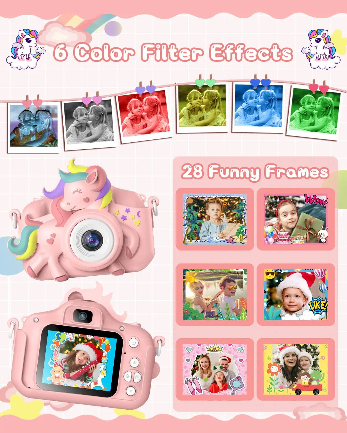 2 Inch Kids Camera 20MP 1080P HD Toddler Selfie Camera Cute Cartoon Digital Camera Toy With 32GB Card Gift For Girls And Boys