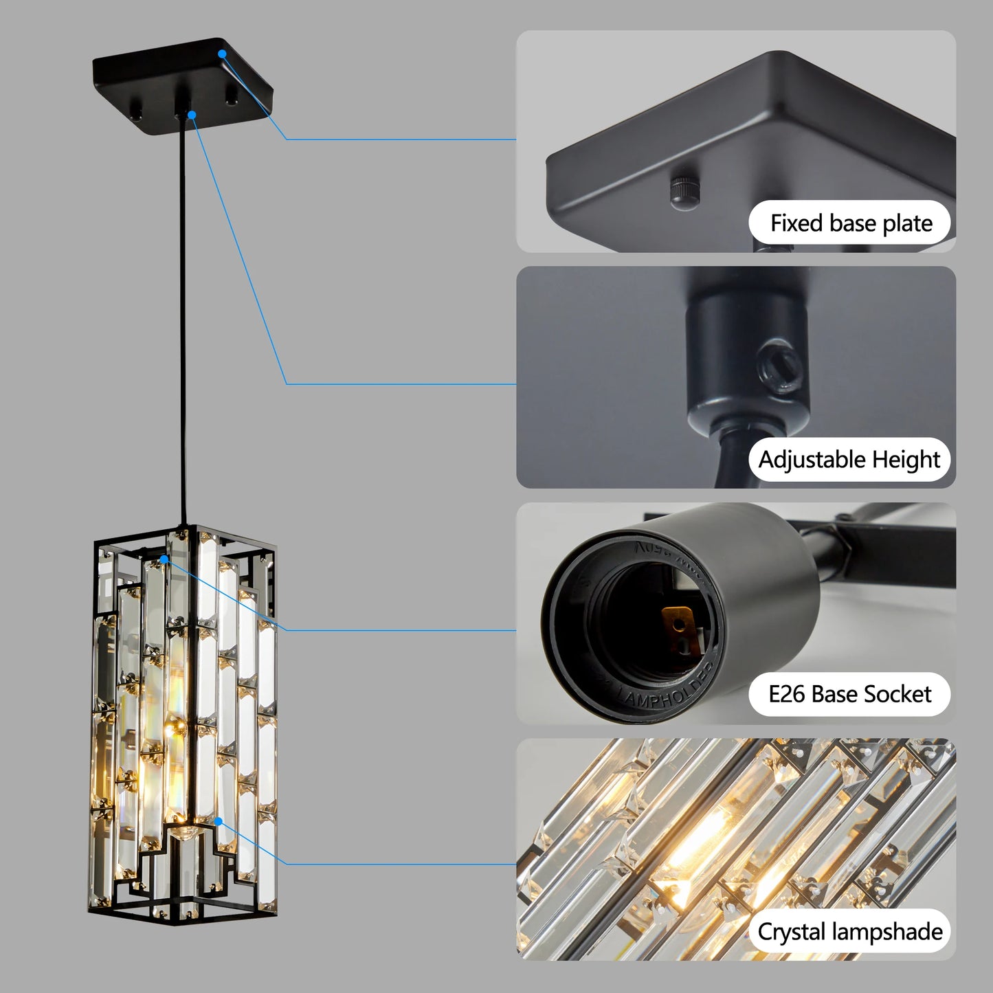 Arlgsit Modern Luxury Crystal Pendant Light 3 Pack Adjustable Hanging Ceiling Lamp Black Finish