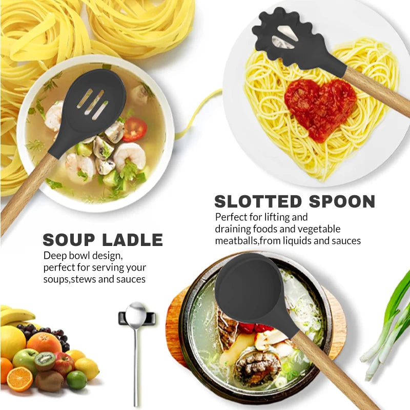 12 Piece Silicone Kitchenware Cooking Utensils Set Non Stick Cookware Spatula Shovel Egg Beaters Baking Set with Storage Bucket