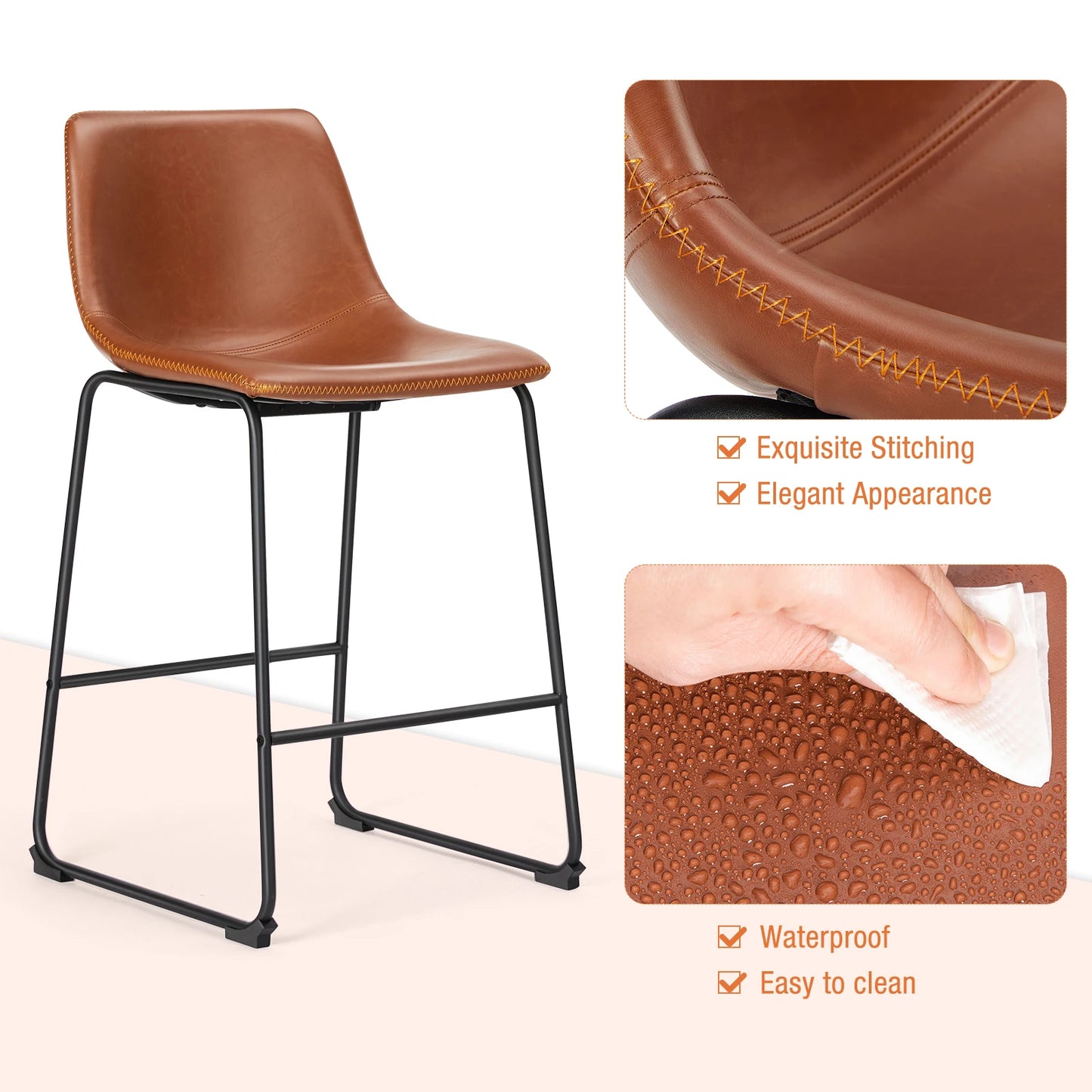 JHK PU Leather Bar Stools Set of 2 Counter Height Cushioned