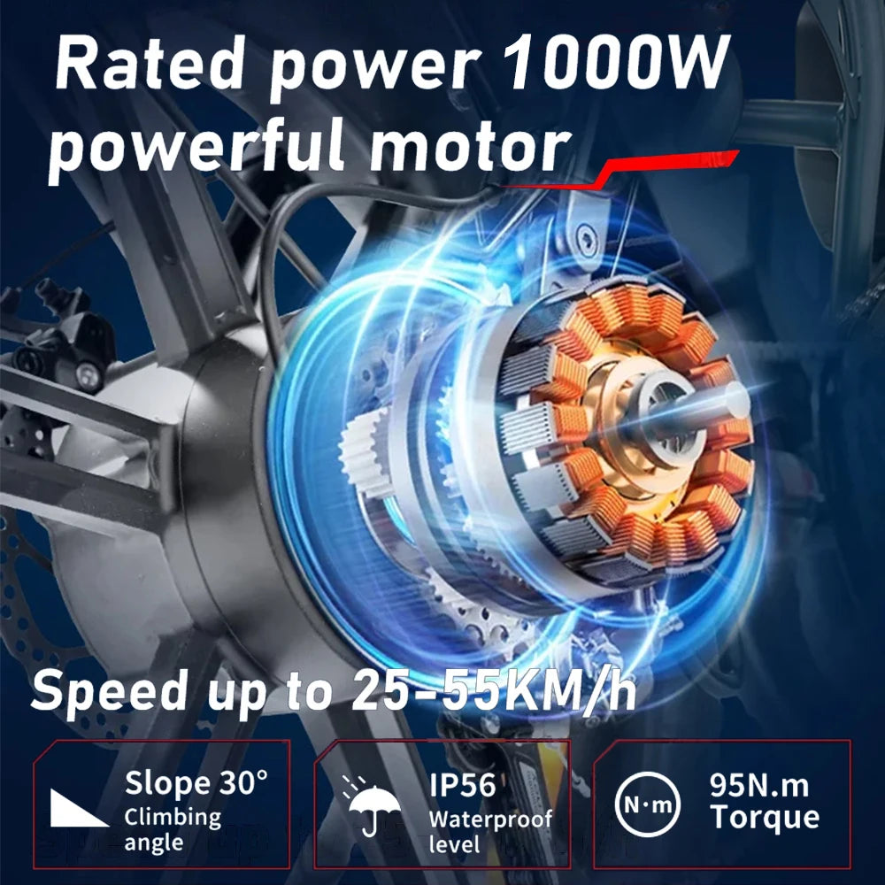 1000W 48V 60AH Adult Electric Mountain Bike 20 Inch Fat Tire Off Road Bicycle Max Speed 55KMH