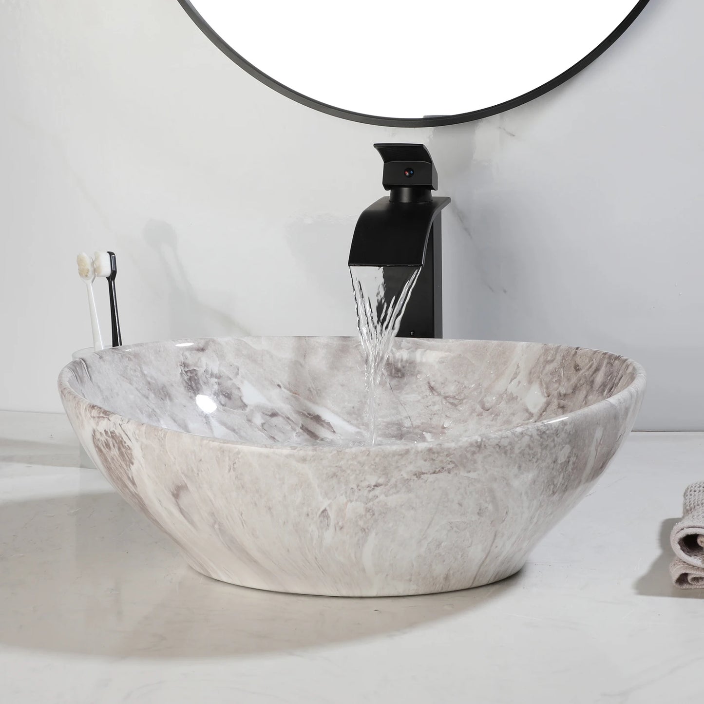 ZAPPO Marbling Rectangle Vessel Sink With Faucet Drain