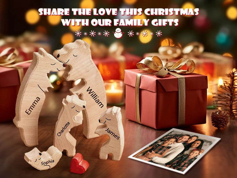 Personalized Custom Bear Family Wooden Puzzle DIY Free Engraving Name Sculpture Home Desk Decor Figurines Christmas Birthday Gift