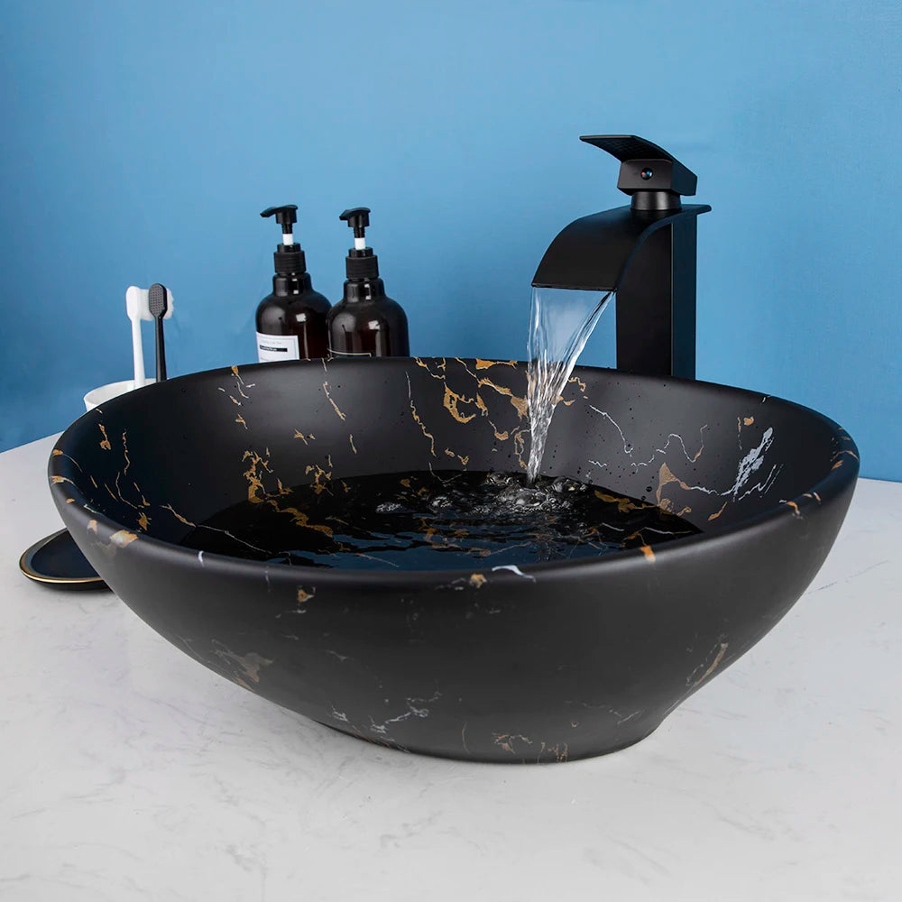 ZAPPO Marbling Rectangle Vessel Sink With Faucet Drain