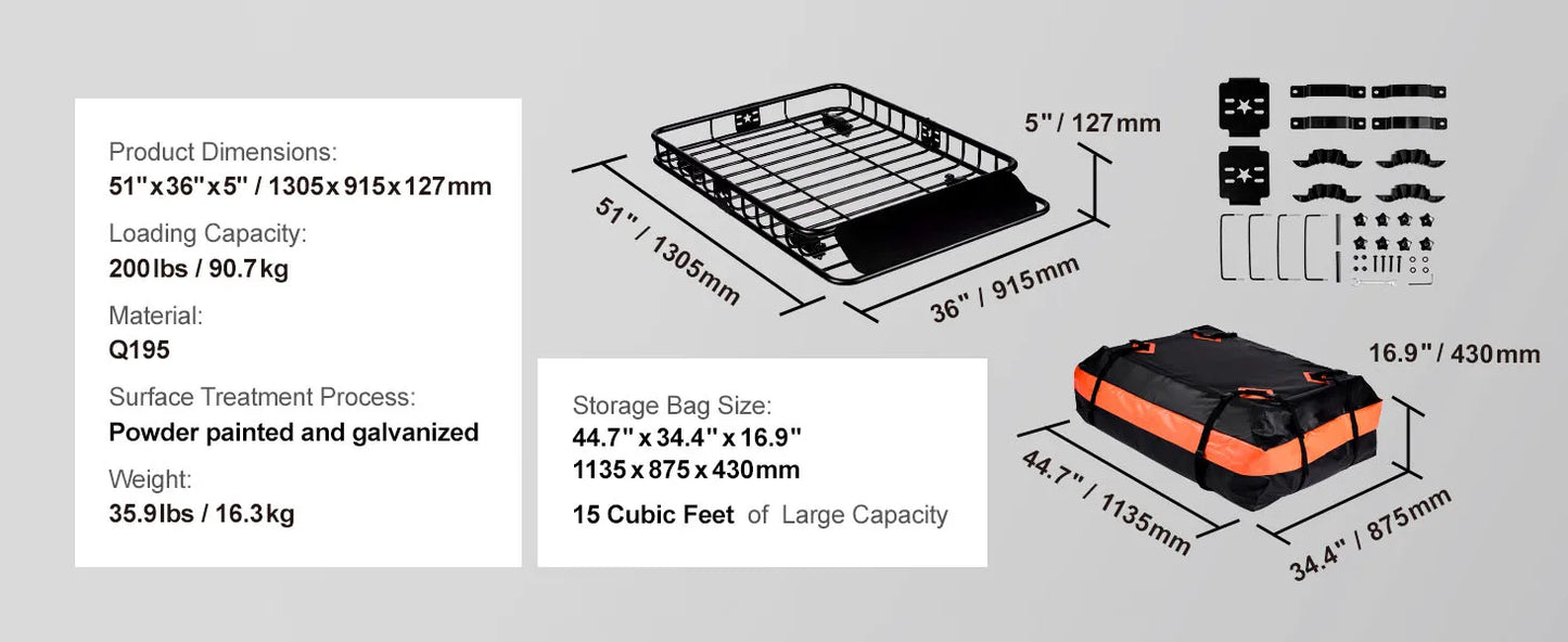 SucceBuy Rooftop Cargo Basket 46x36x4.5 Carrier 200Lbs