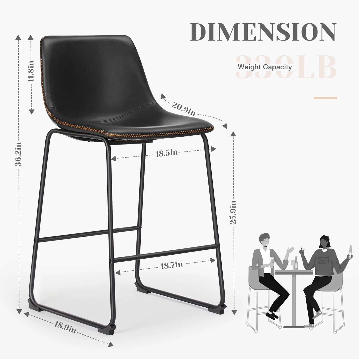 JHK PU Leather Bar Stools Set of 2 Counter Height Cushioned