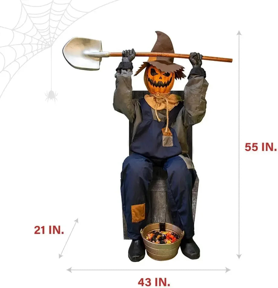 Motion-Activated Smiling Jack The Shovel-Wielding Sitting Scarecrow by Tekky, Talking Jump-Scare Halloween Animatronic,