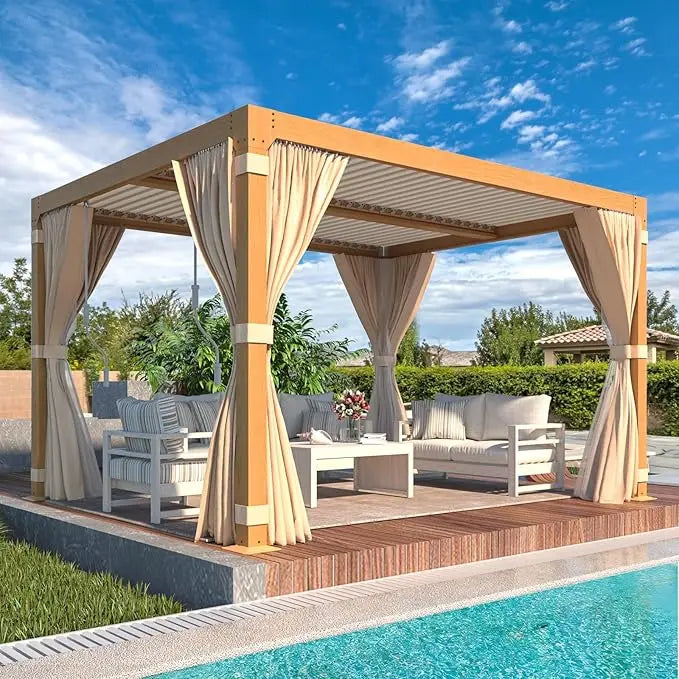10x12 Aluminum Louvered Pergola With Adjustable Louvered Roof and Waterproof Curtains Outdoor Small Pergola