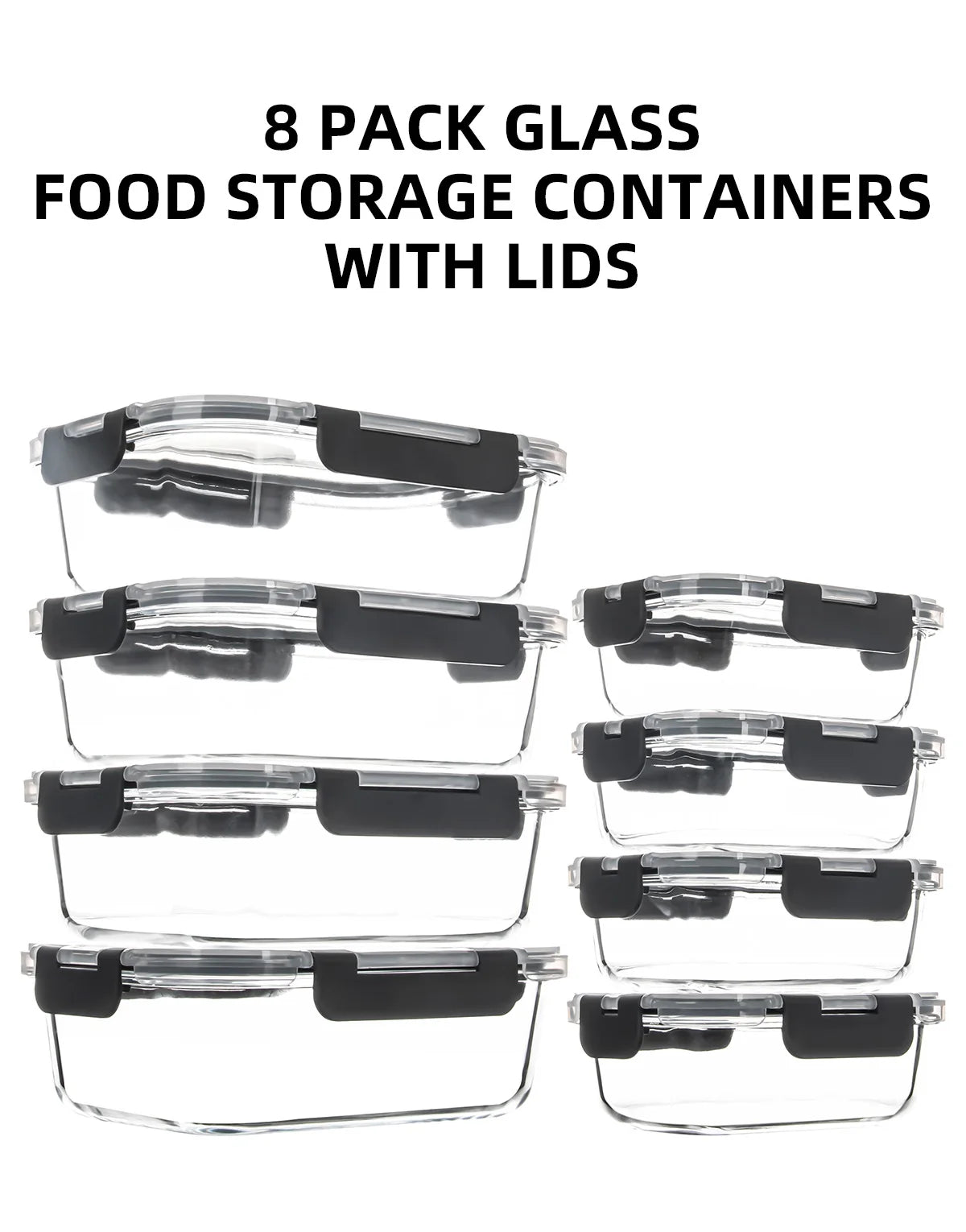 8 Piece Glass Food Storage Containers Set BPA Free Leakproof Microwave and Oven Safe 6 Sizes Borosilicate Glass Lock Lid